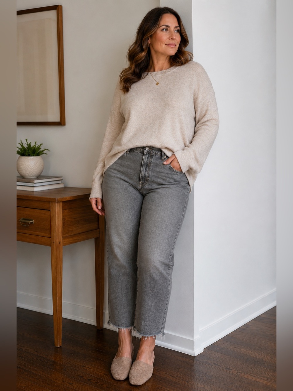 Jenni Kayne Merino Wool Blend Scoop Neck Crew Sweater in Beige- Large